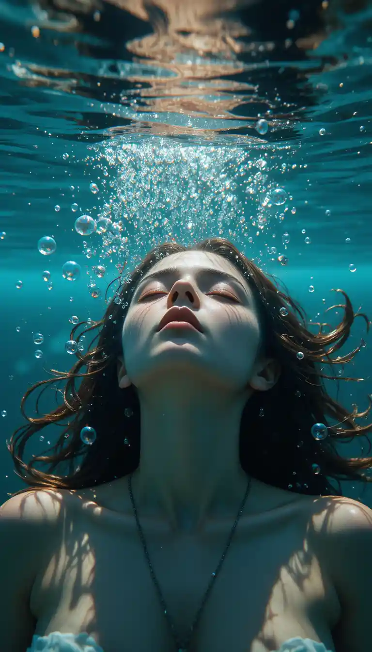 Peaceful woman floating in a serene underwater scene