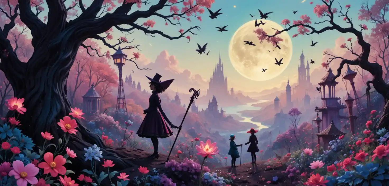 Whimsical fantasy characters in colorful retro poster style