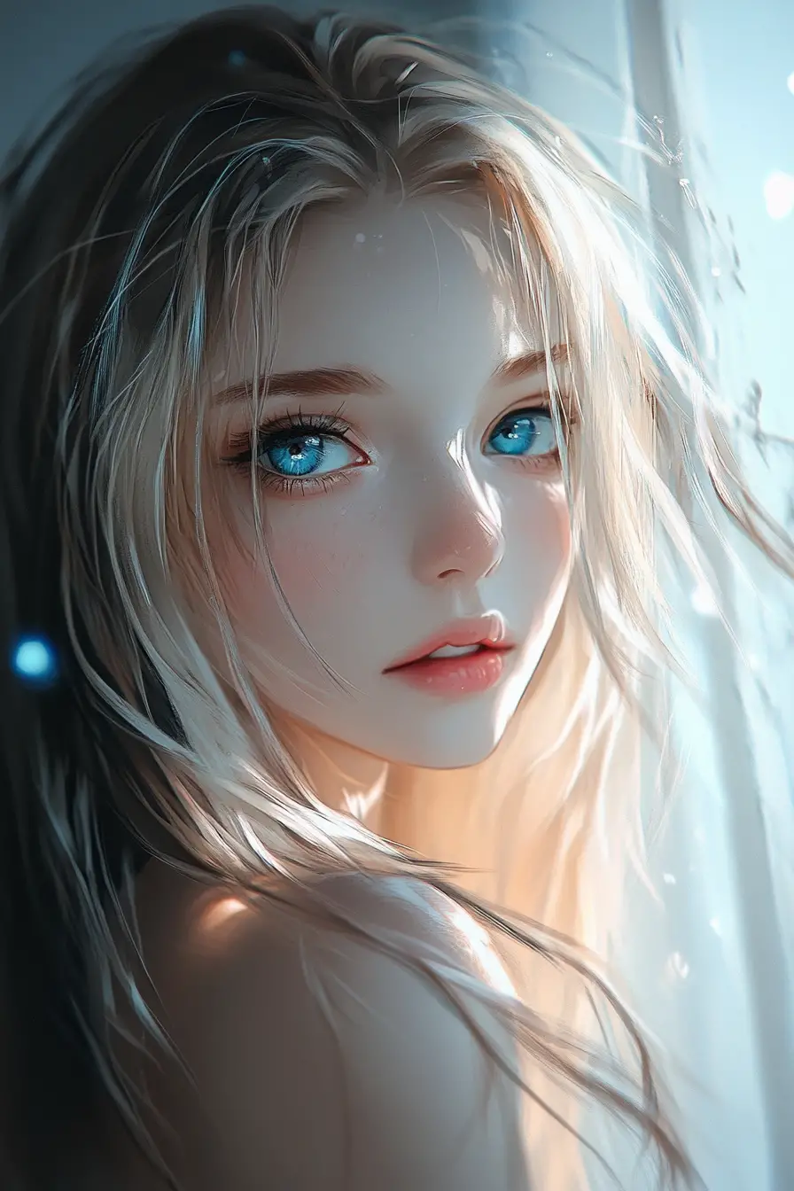 Anime portrait of blonde woman behind white wall