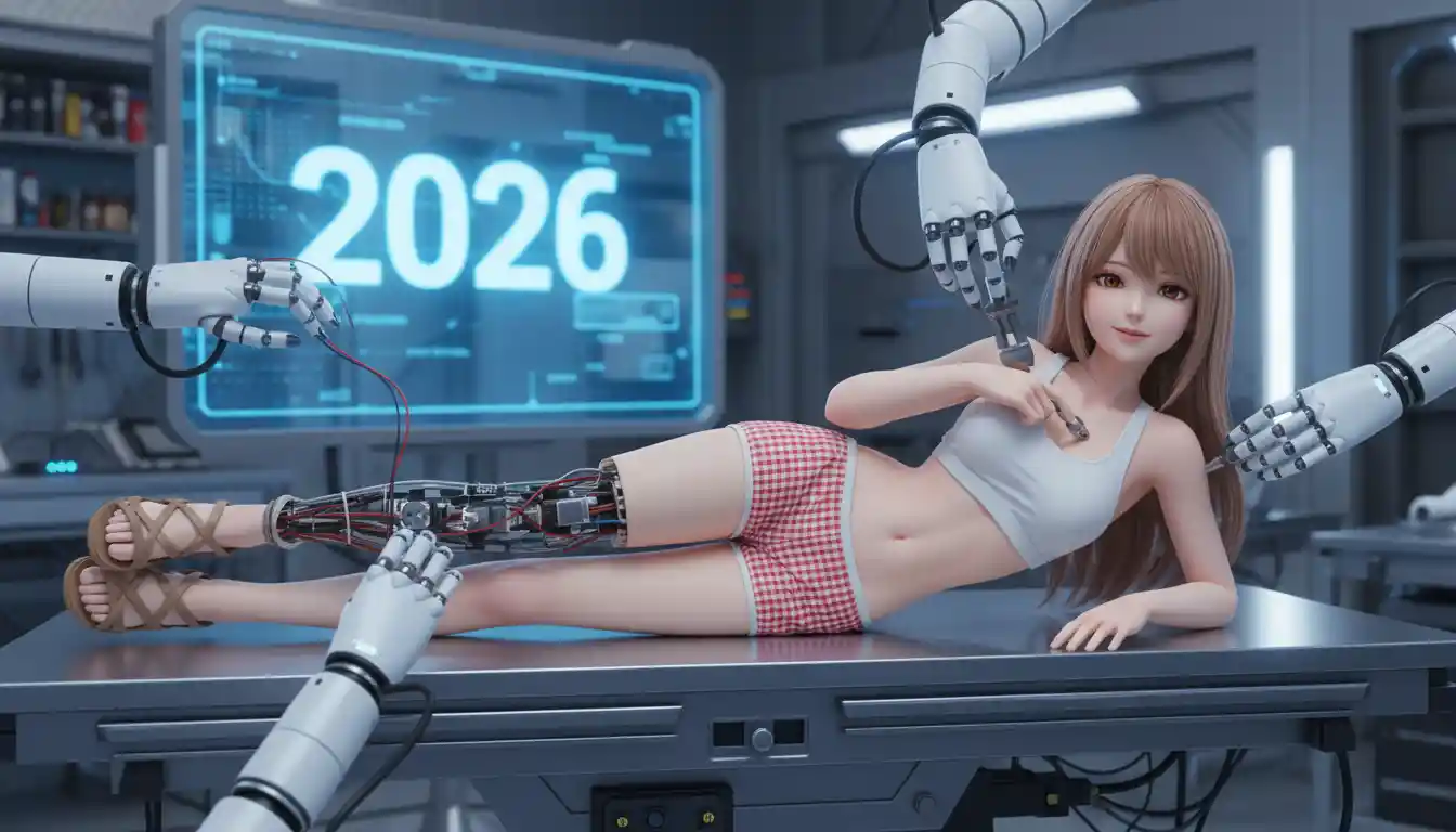 Mannequin souriant sur une table en métal dans un laboratoire futuriste