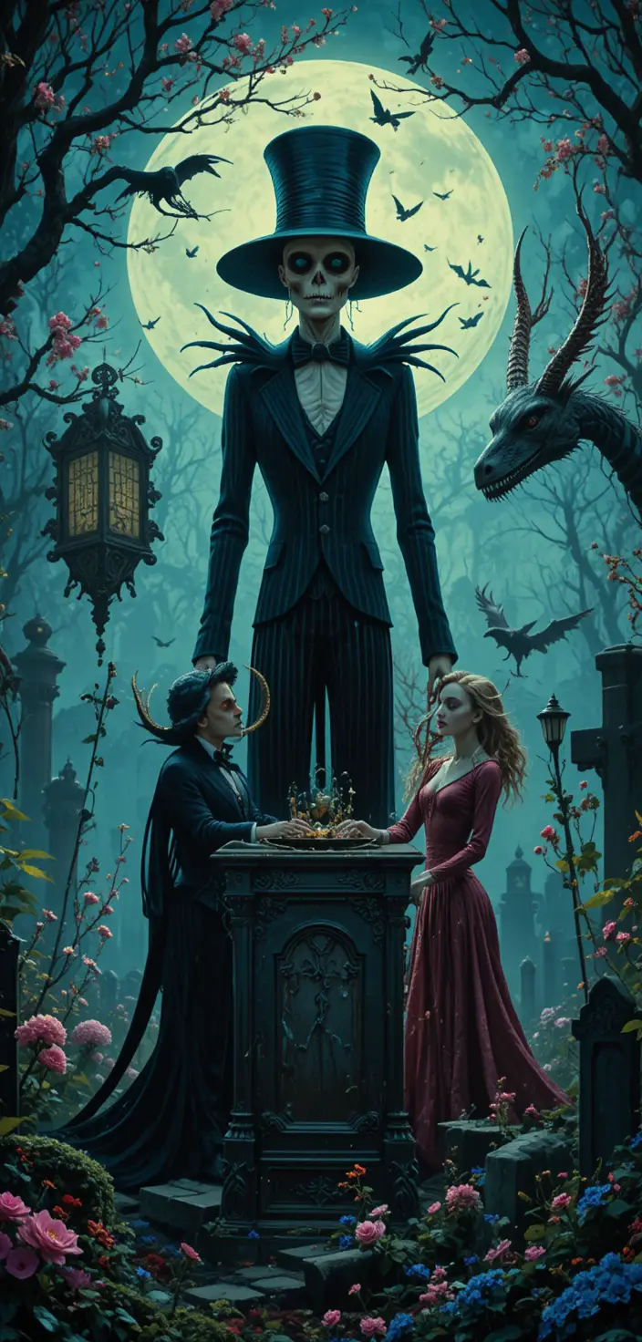 Criaturas coloridas e fantasiosas em um cemitério de fantasia retrô