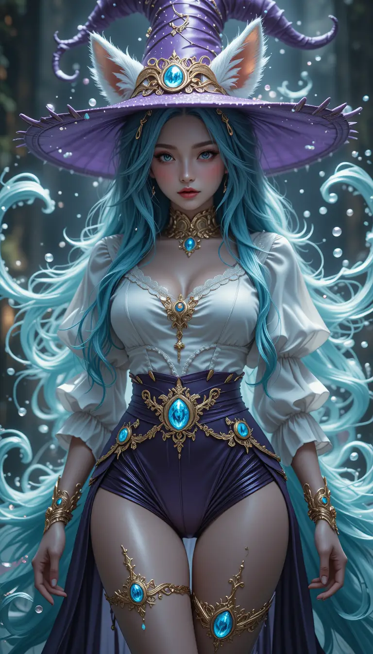 Water element kitsune mage with swirling fox tails