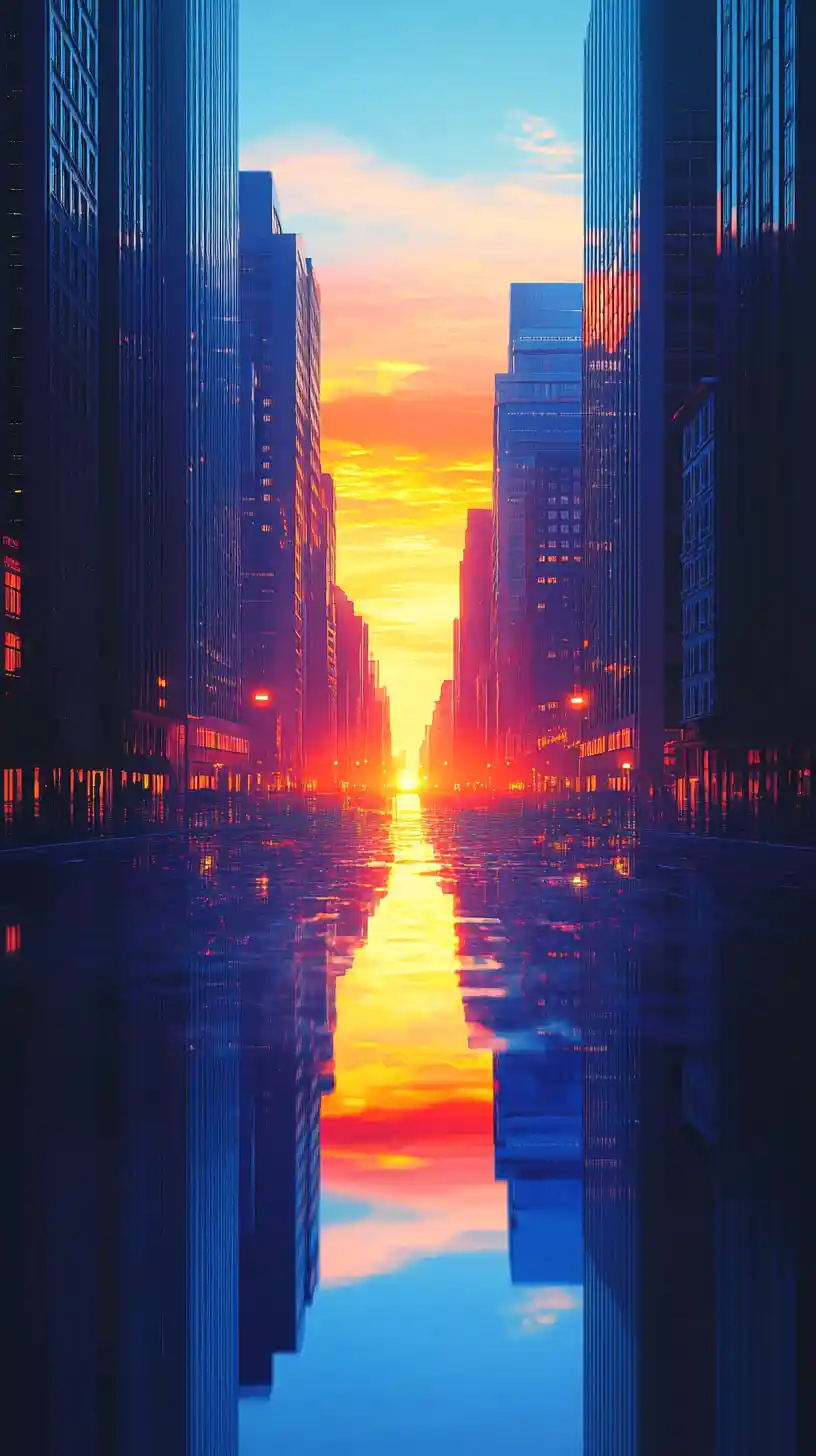 Stylized split cityscape with night and sunrise reflections