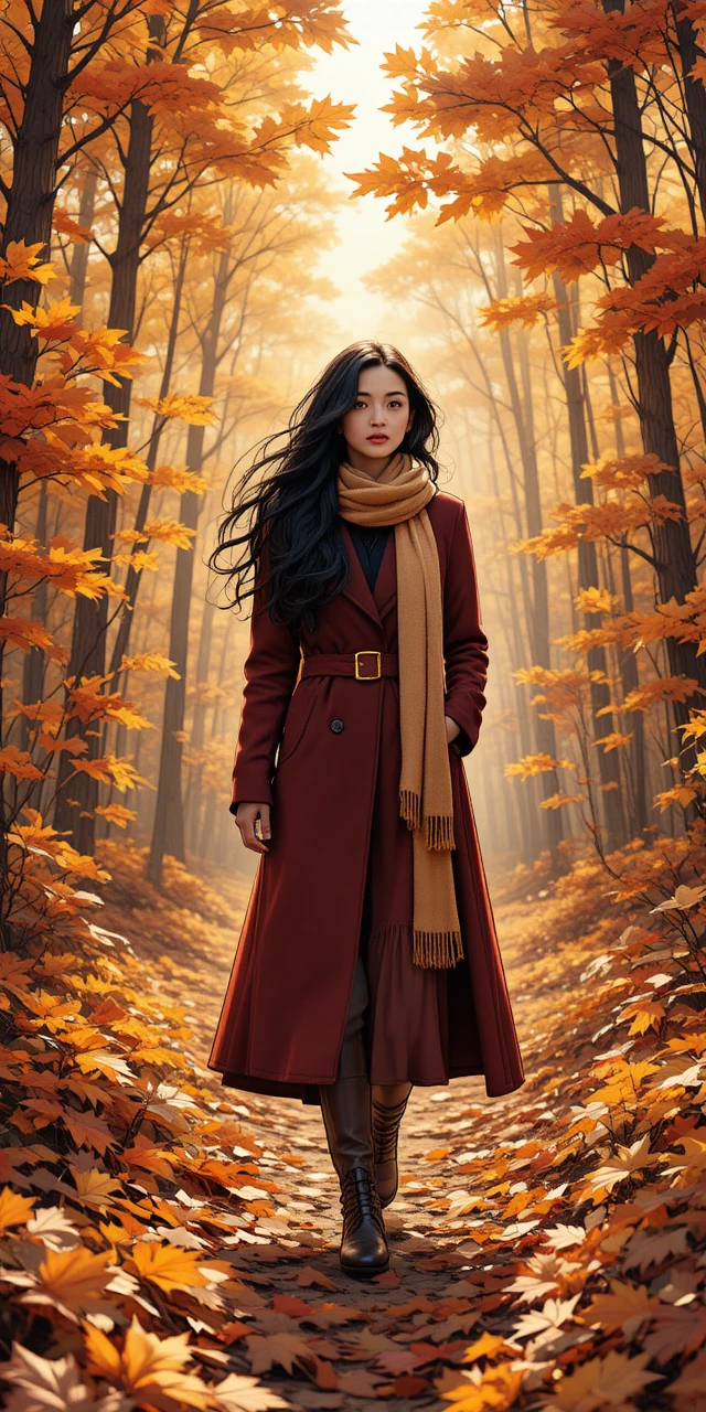 Woman walking through a golden autumn maple forest
