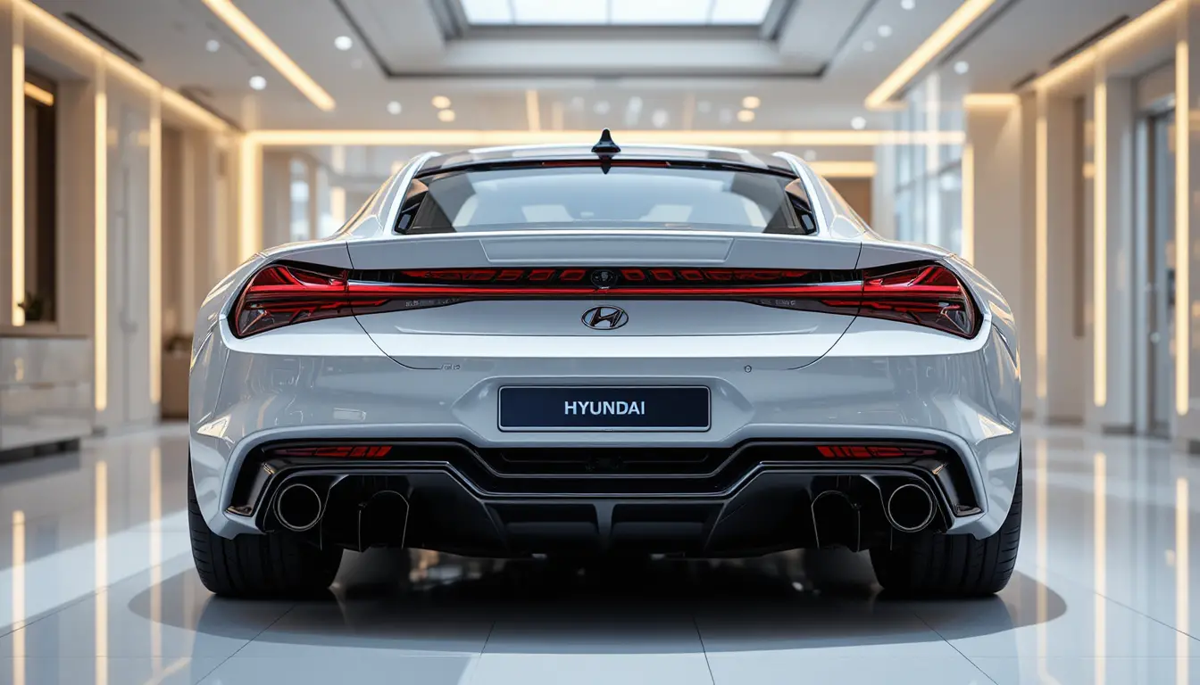 Futuristic white hyundai rear view in luxury showroom
