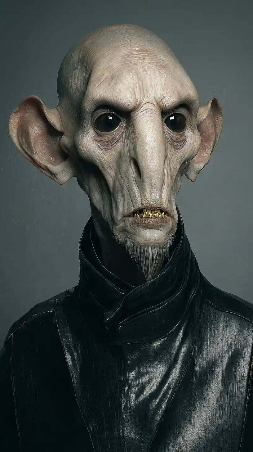 Futuristic humanoid creature portrait in dark cinematic lighting