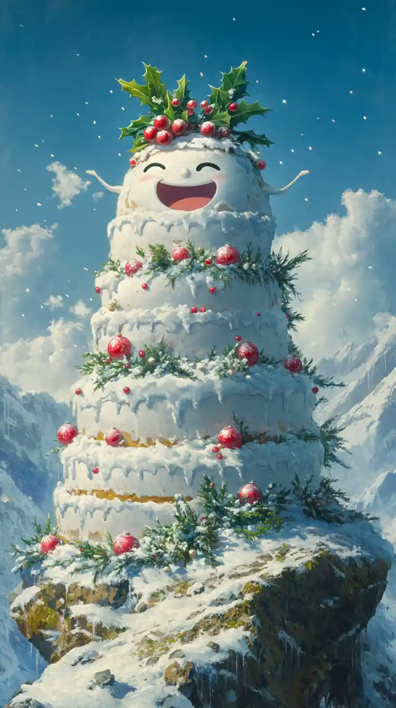 Smiling christmas cake in snowy mountain landscape illustration