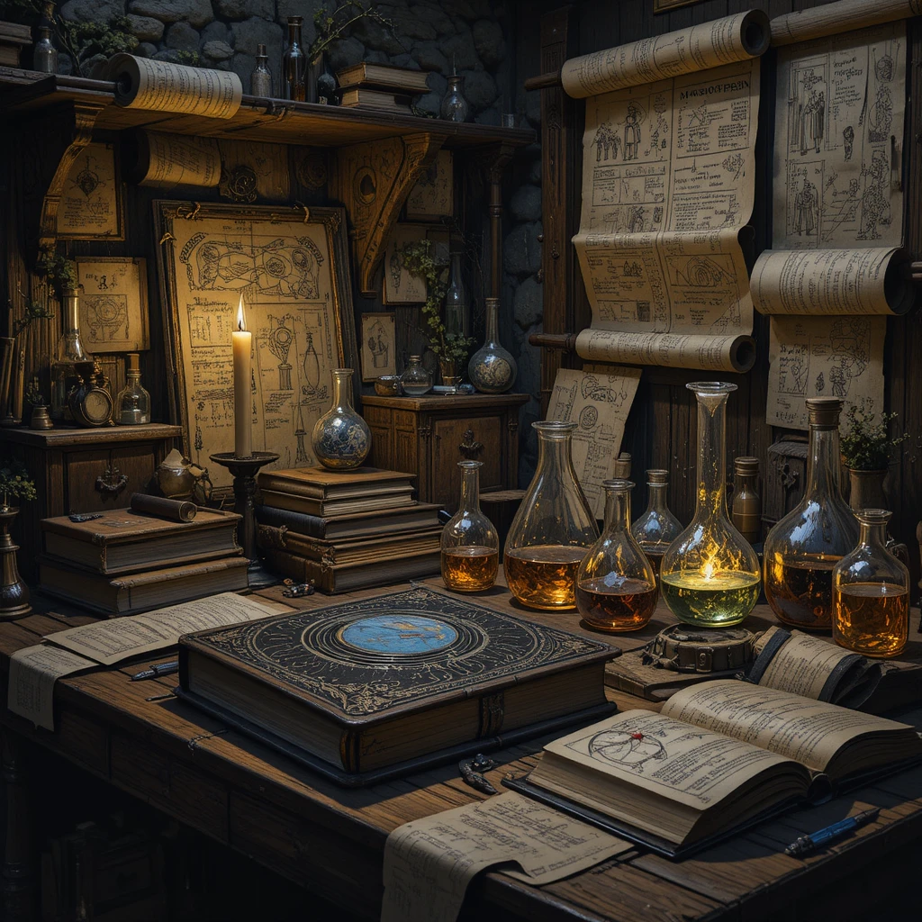 Bureau d’étude d’alchimiste atmosphérique dans une lumière crépusculaire dramatique