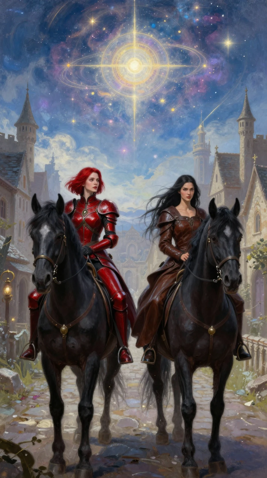Two warrior women riding black horses into a medieval village