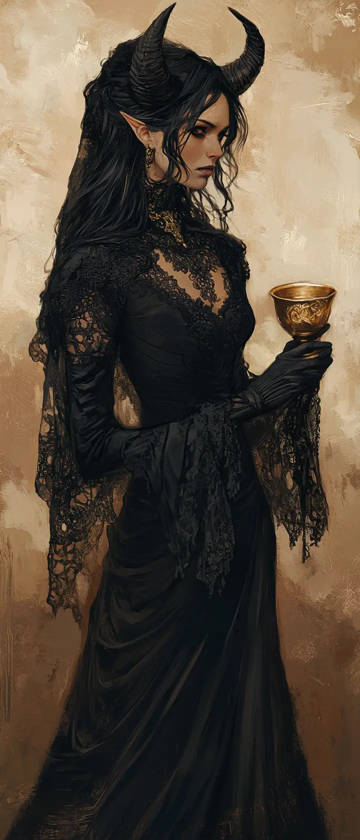 Dark horned woman holding a golden chalice