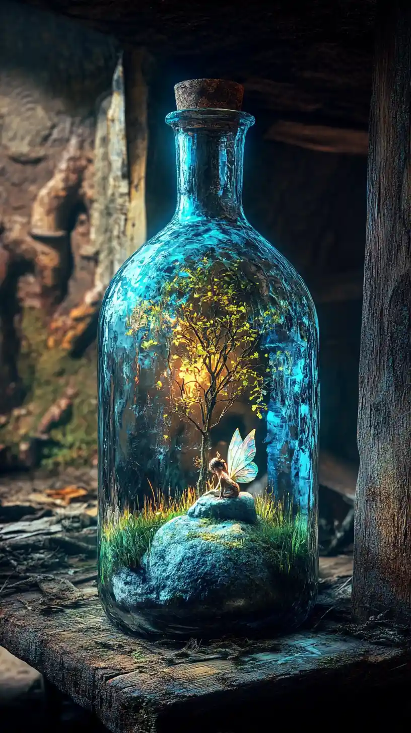 Mysterious fairy sitting on a stone inside blue bottle