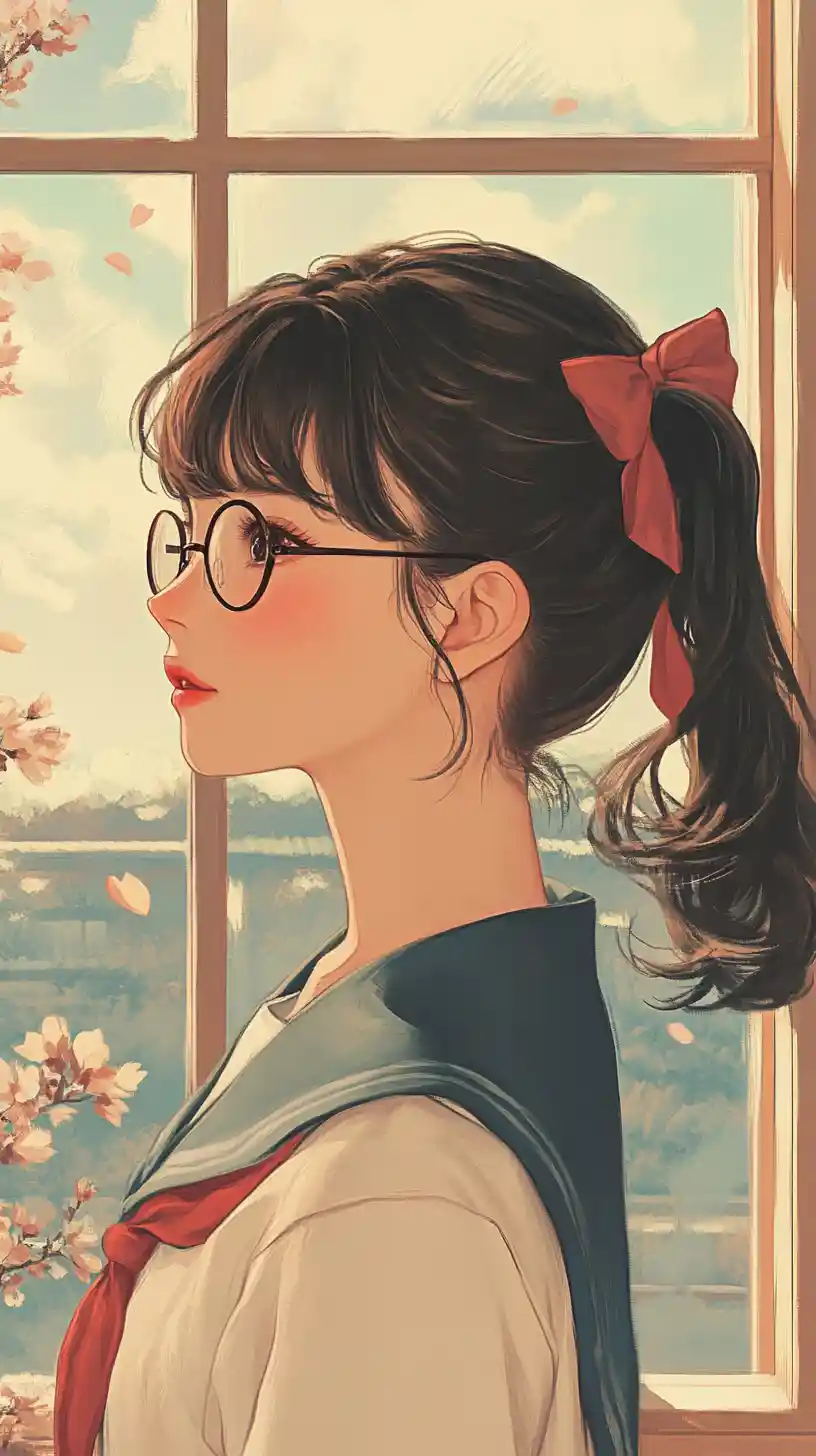 Elegant Japanese schoolteacher in vintage uniform and glasses