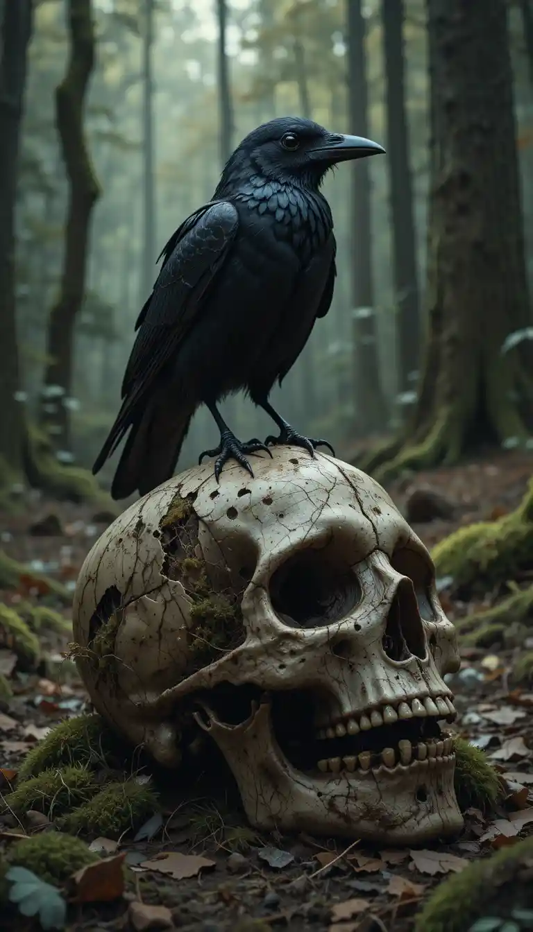 Krähe auf moosbedecktem Menschenschädel in einem dunklen Wald