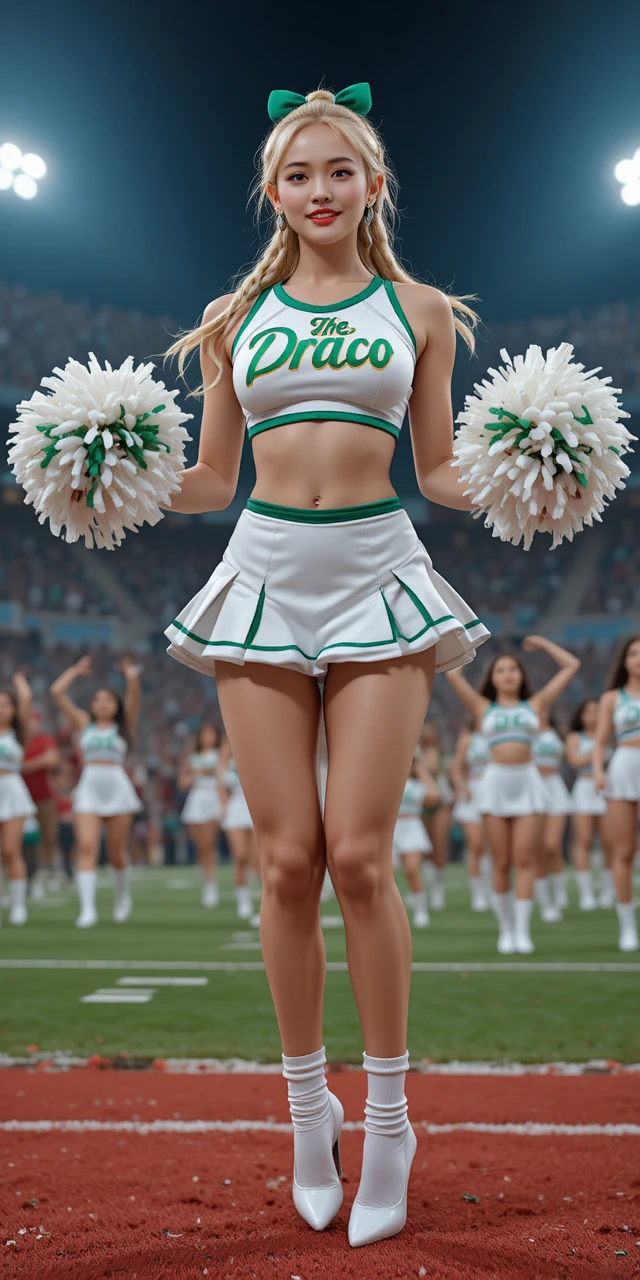 Blonde cheerleader jumping on football field with pom poms
