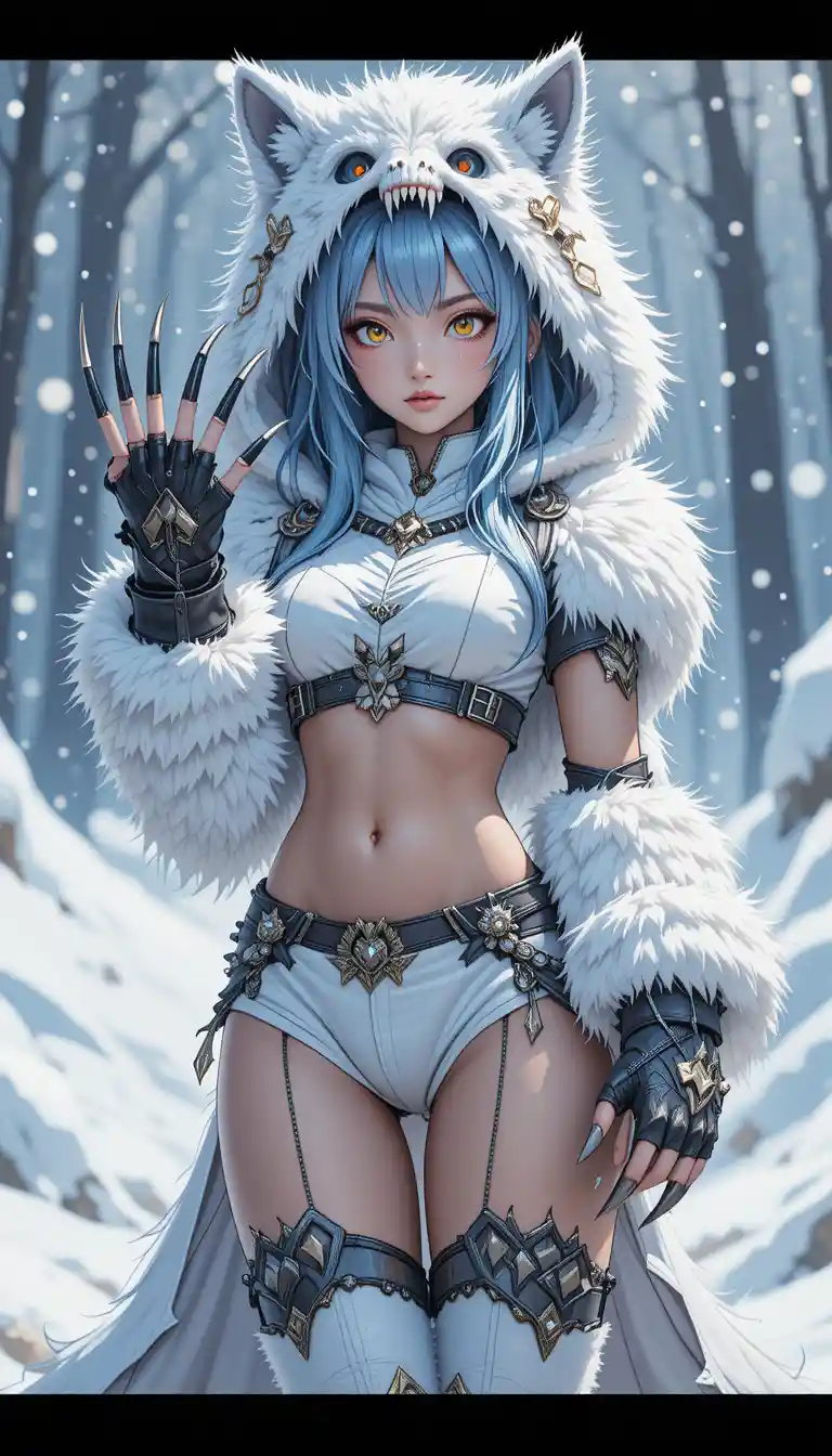 Wolf girl in white fur armor in a snowy anime scene