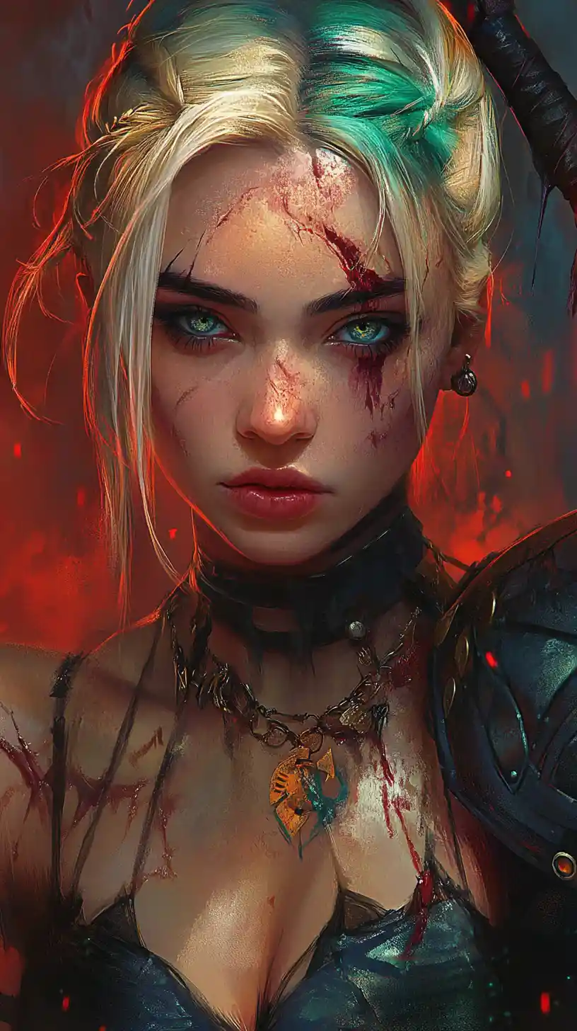Close up of a blonde warrior maiden in torn fantasy armor