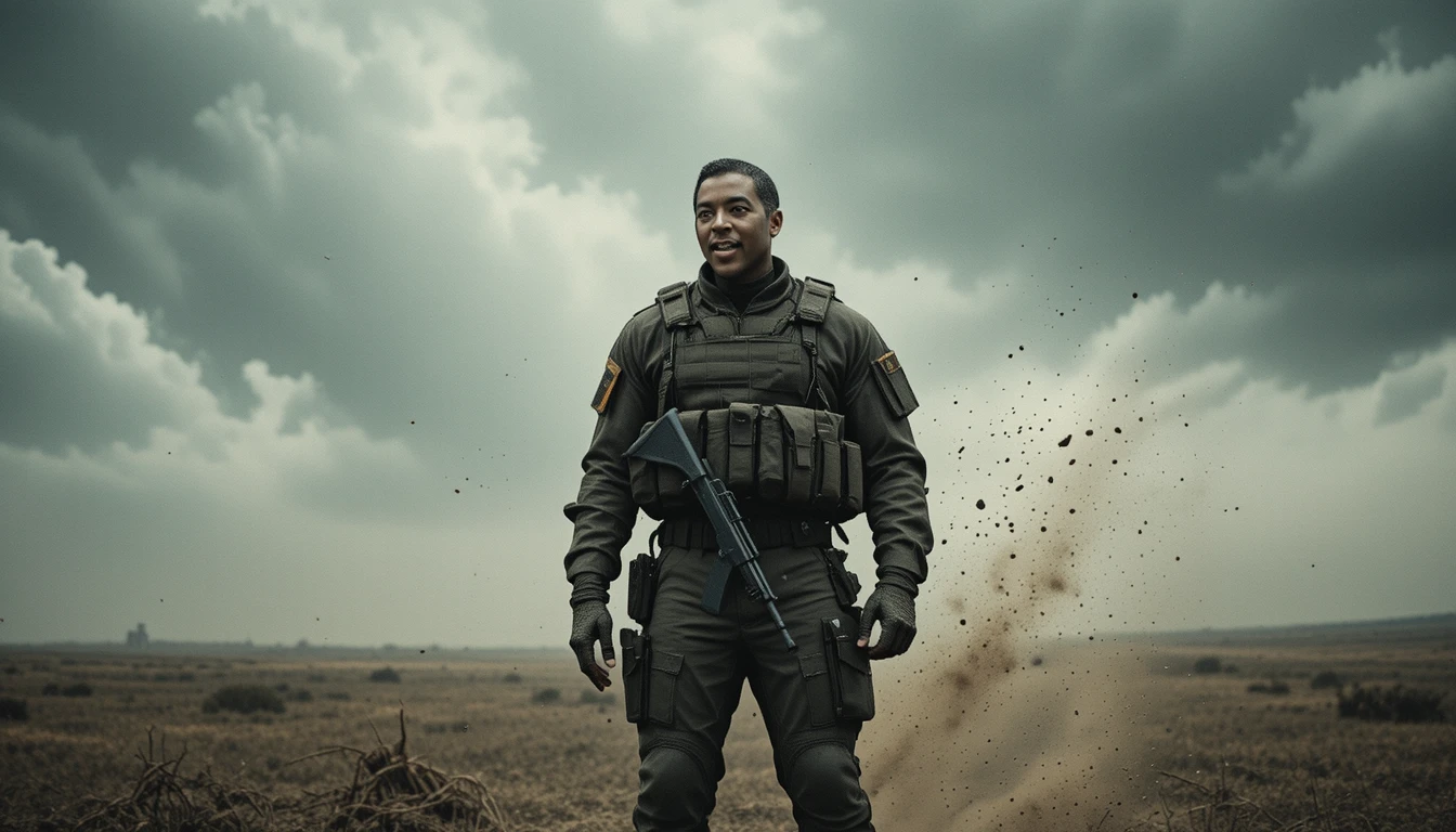 Black sergeant standing alone in a windswept battlefield