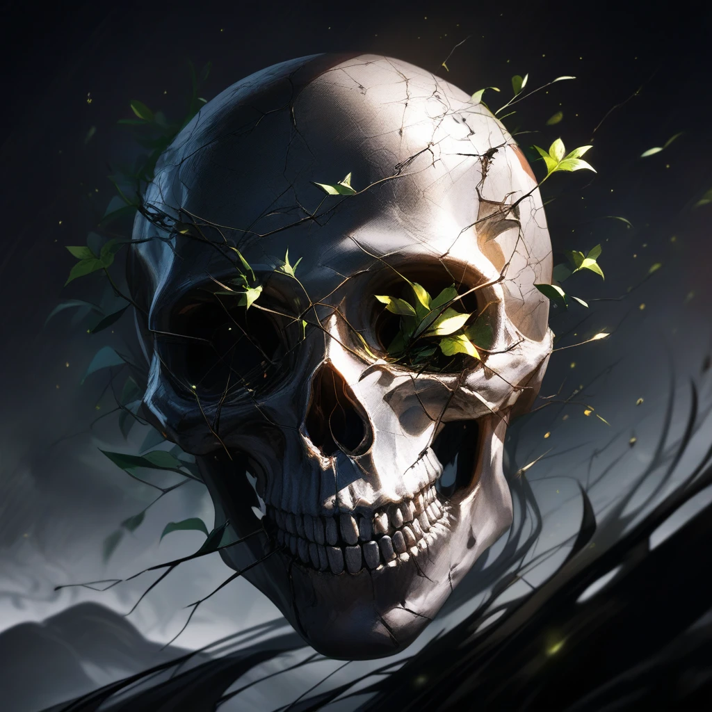 Calavera blanca con enredaderas verdes sobre fondo negro intenso