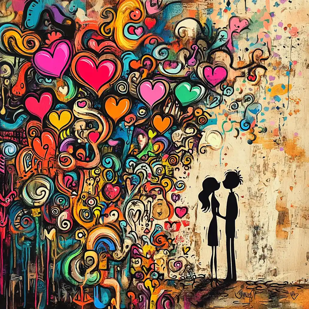 Histoire d’amour en art naïf au bord de la mer sous un coucher de soleil flamboyant