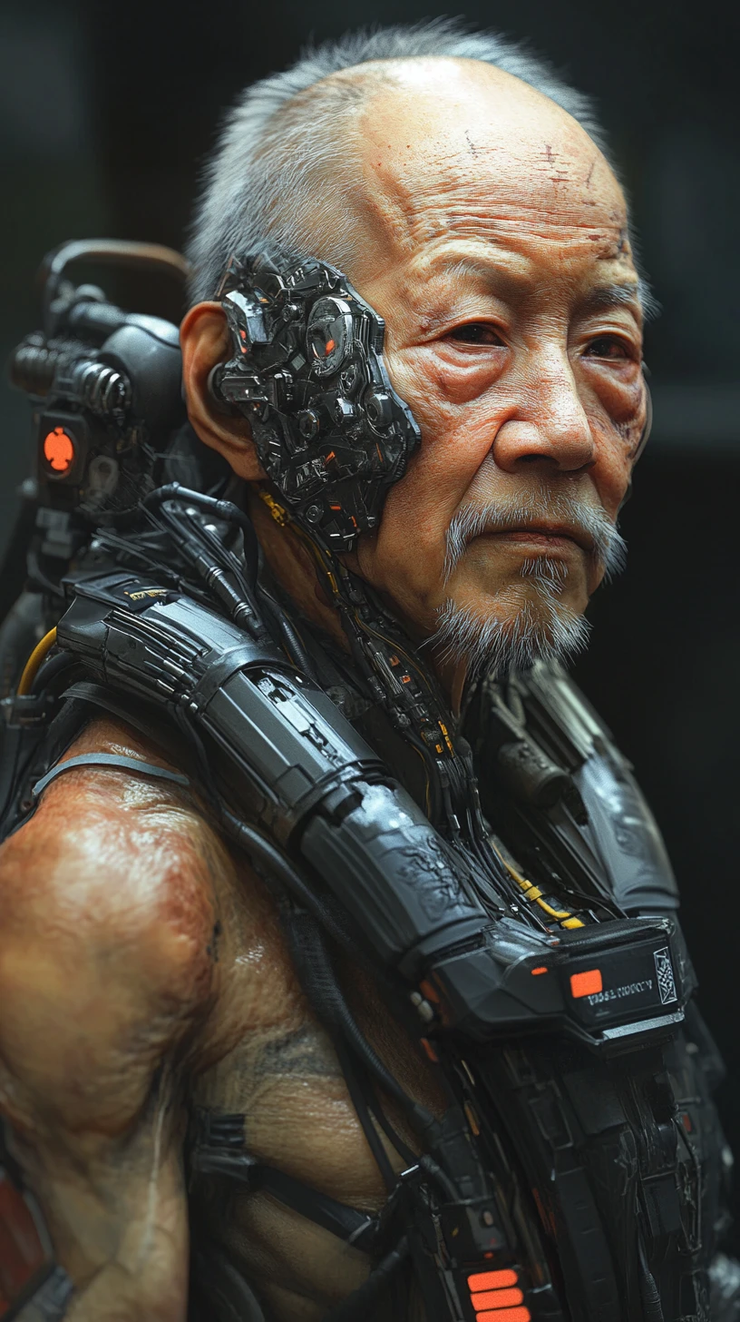 Anziano cyborg asiatico brizzolato con torso meccanico e maschera