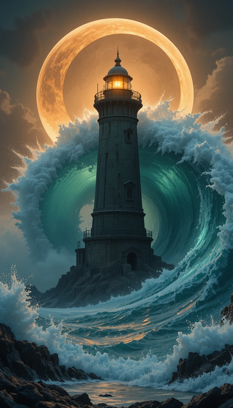 Lighthouse Facing A Colossal Wave Under A Crescent Moon