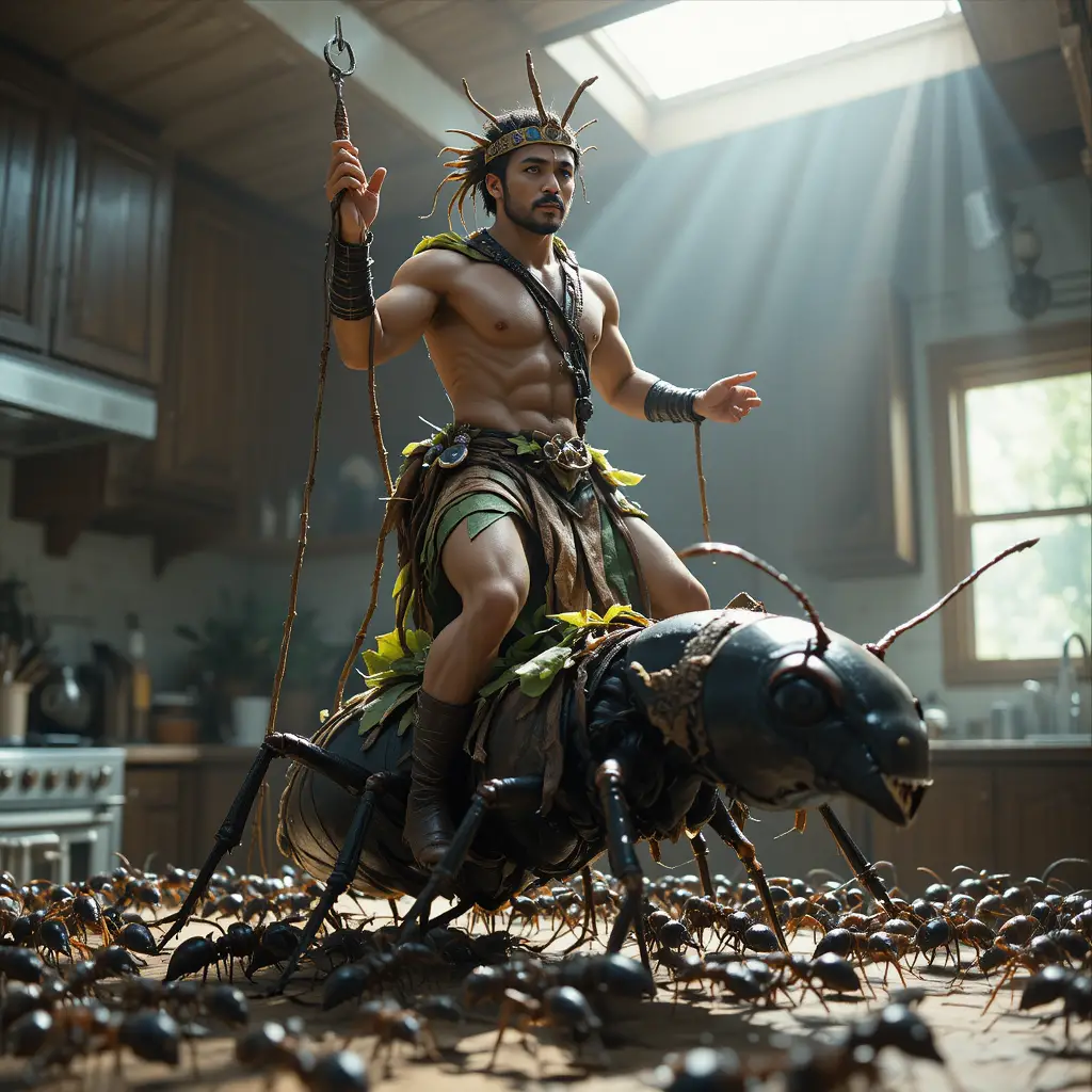 Forest warrior commanding ants on a kitchen countertop
