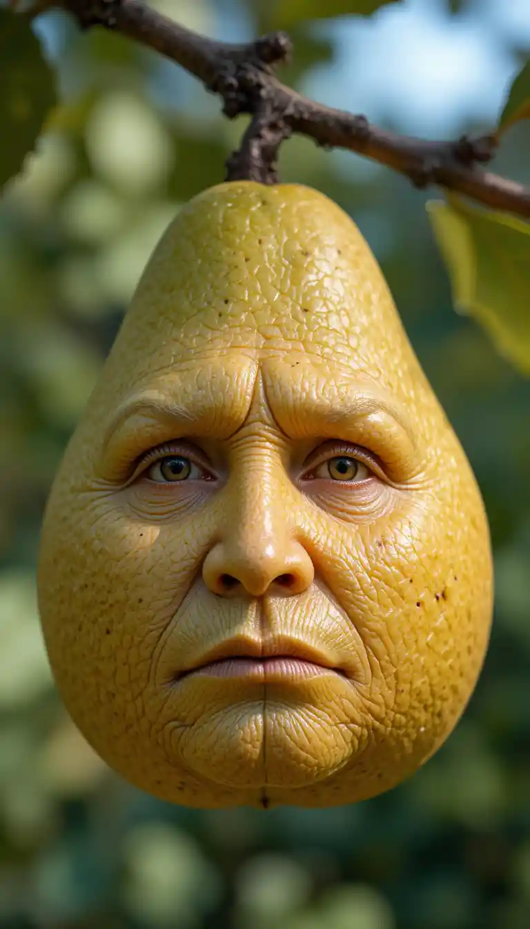 Ripe quince fruit with ancient face illusion on its skin