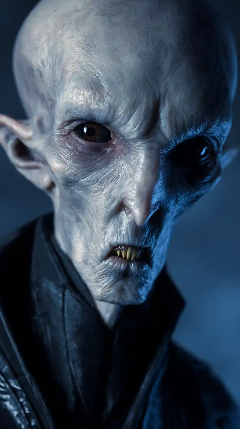 Grotesque humanoid creature portrait in glossy black outfit