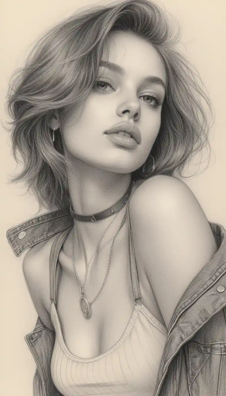 Sensual graphite portrait of young woman in denim jacket