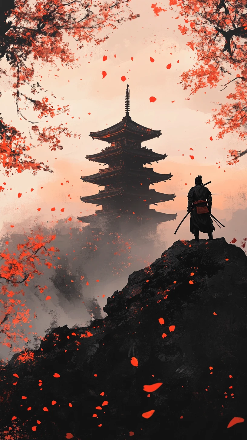 Samurai solitario sopra una pagoda al crepuscolo con petali che cadono