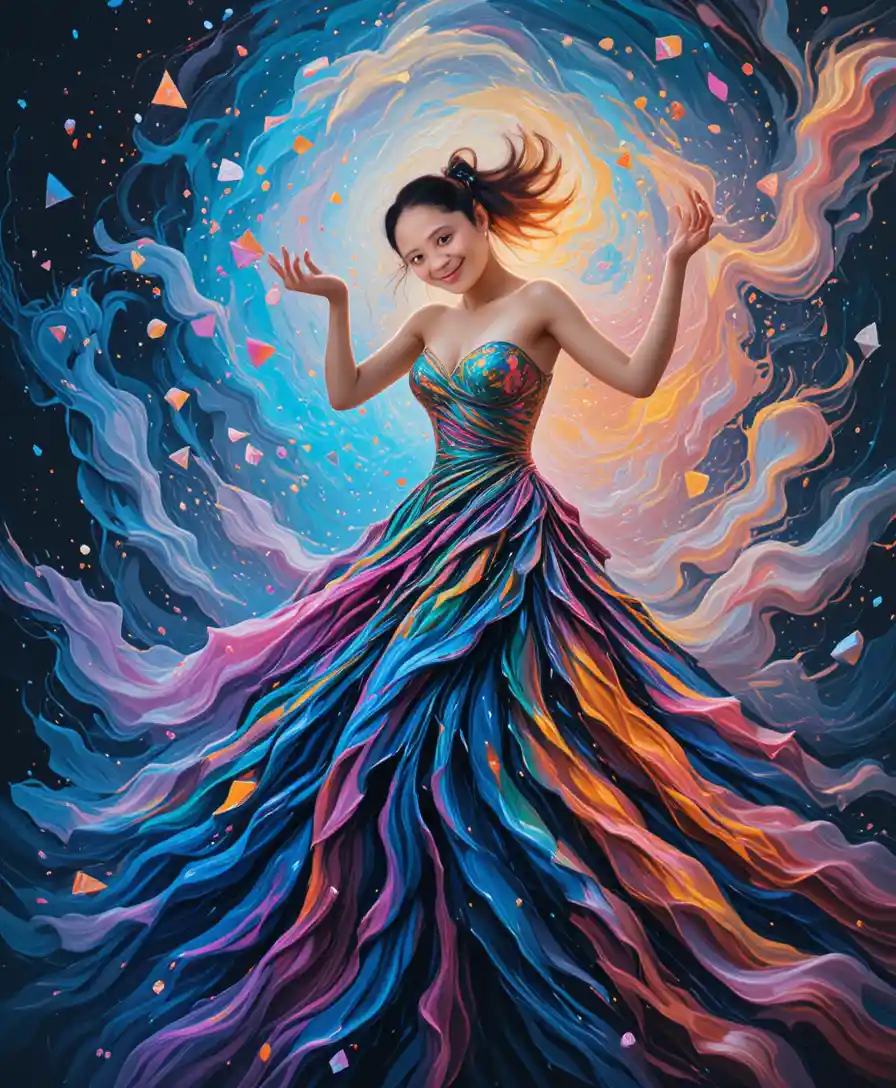 Dancing muse with rainbow acrylic gown in swirling cosmos