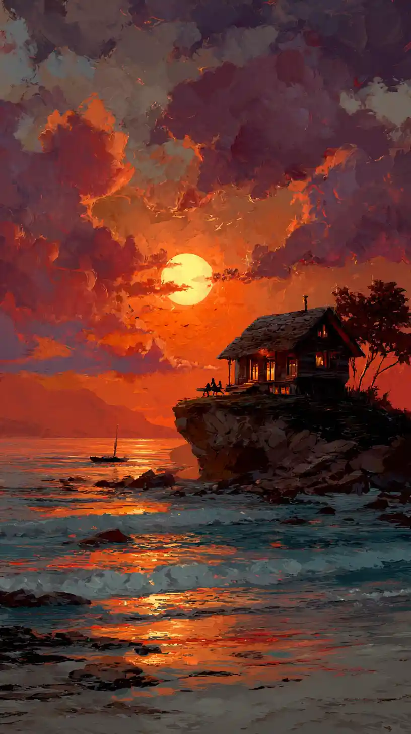 Petit chalet de plage au crépuscule avec océan illuminé par le coucher de soleil