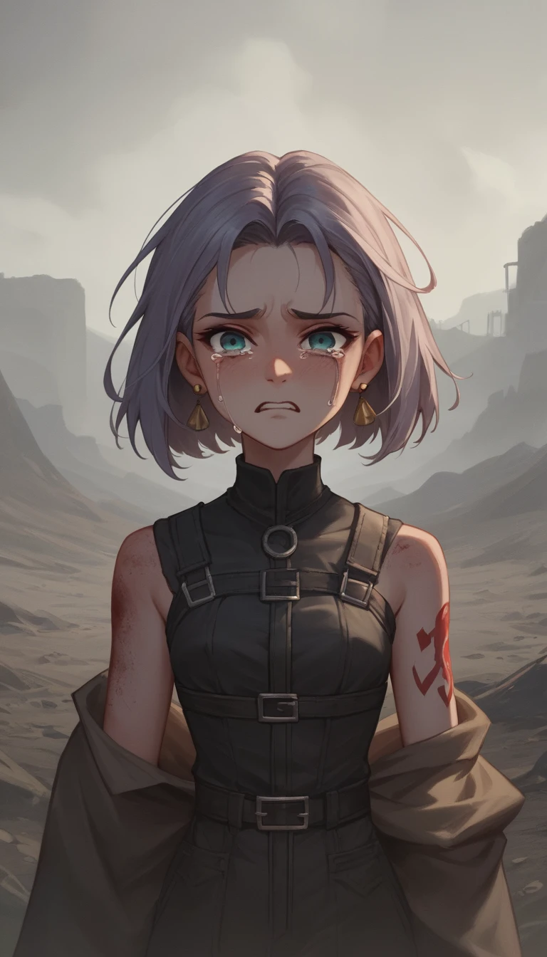 Crying girl standing alone on a barren wasteland at sunset