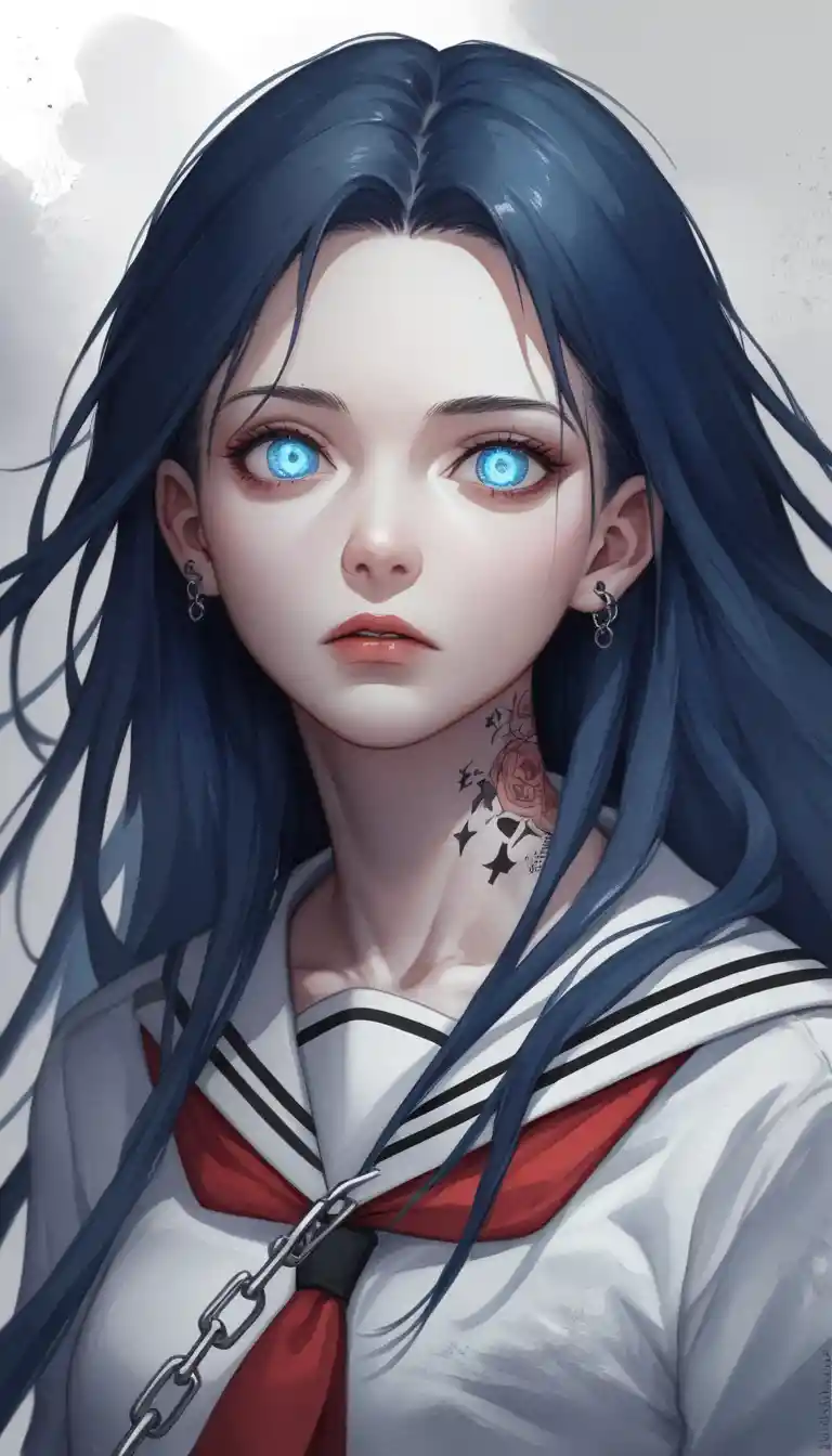 Close up of chained anime girl in tattered school uniform
