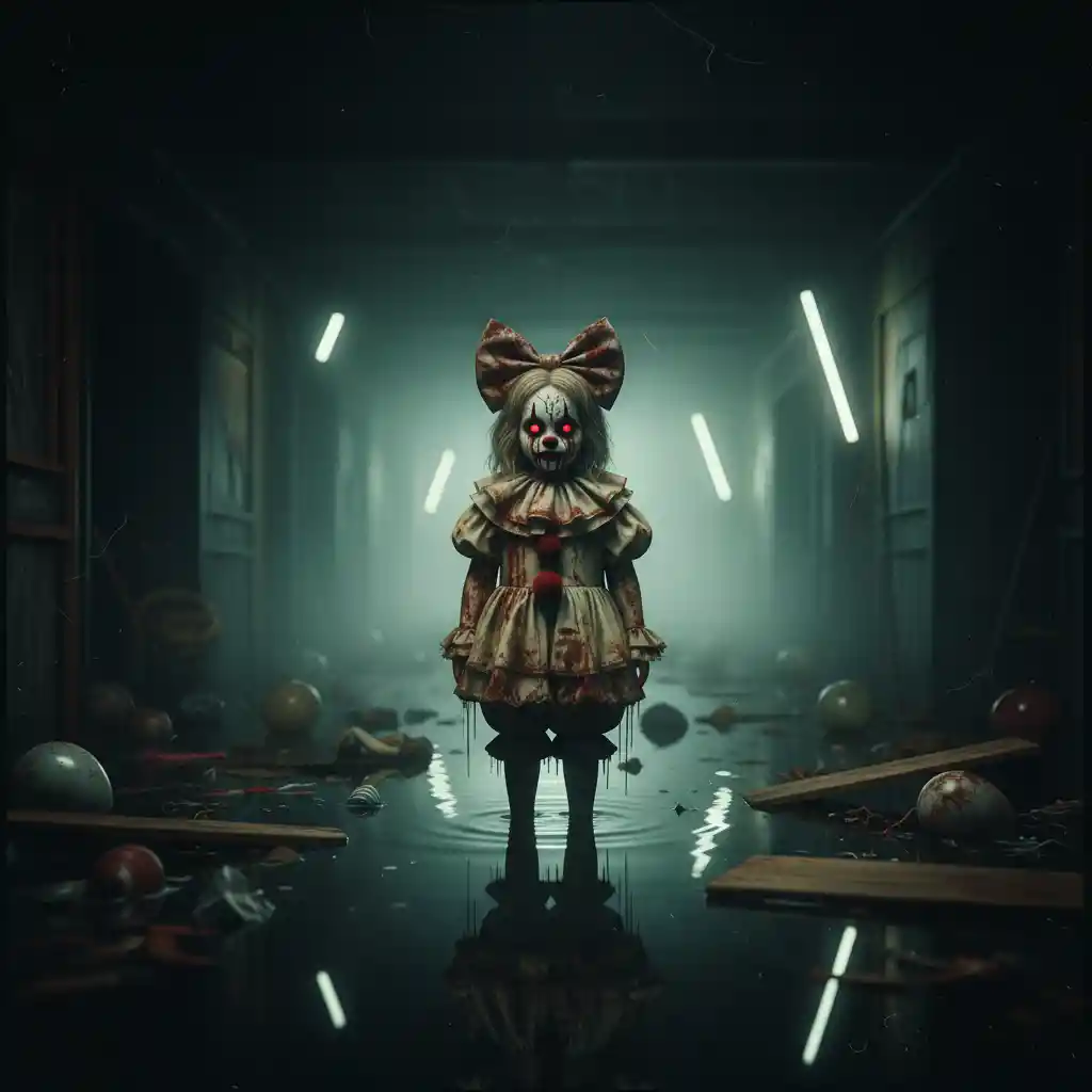Niña aterradora con disfraz de payaso vintage en un pasillo oscuro