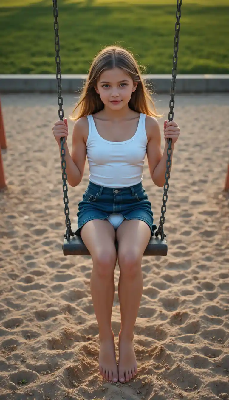 夕暮れの遊び場でブランコに座る少女