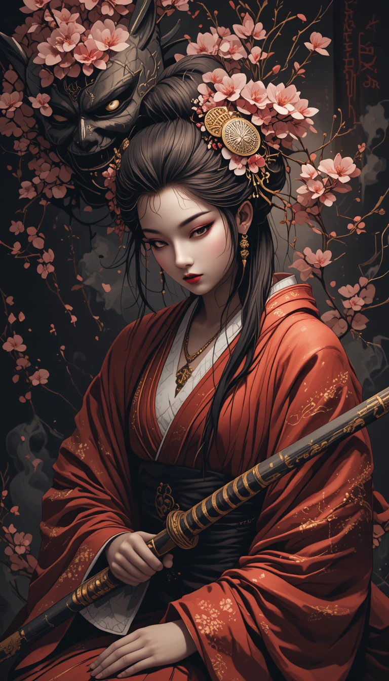 Melancholic Geisha Warrior With Oni Mask And Katana