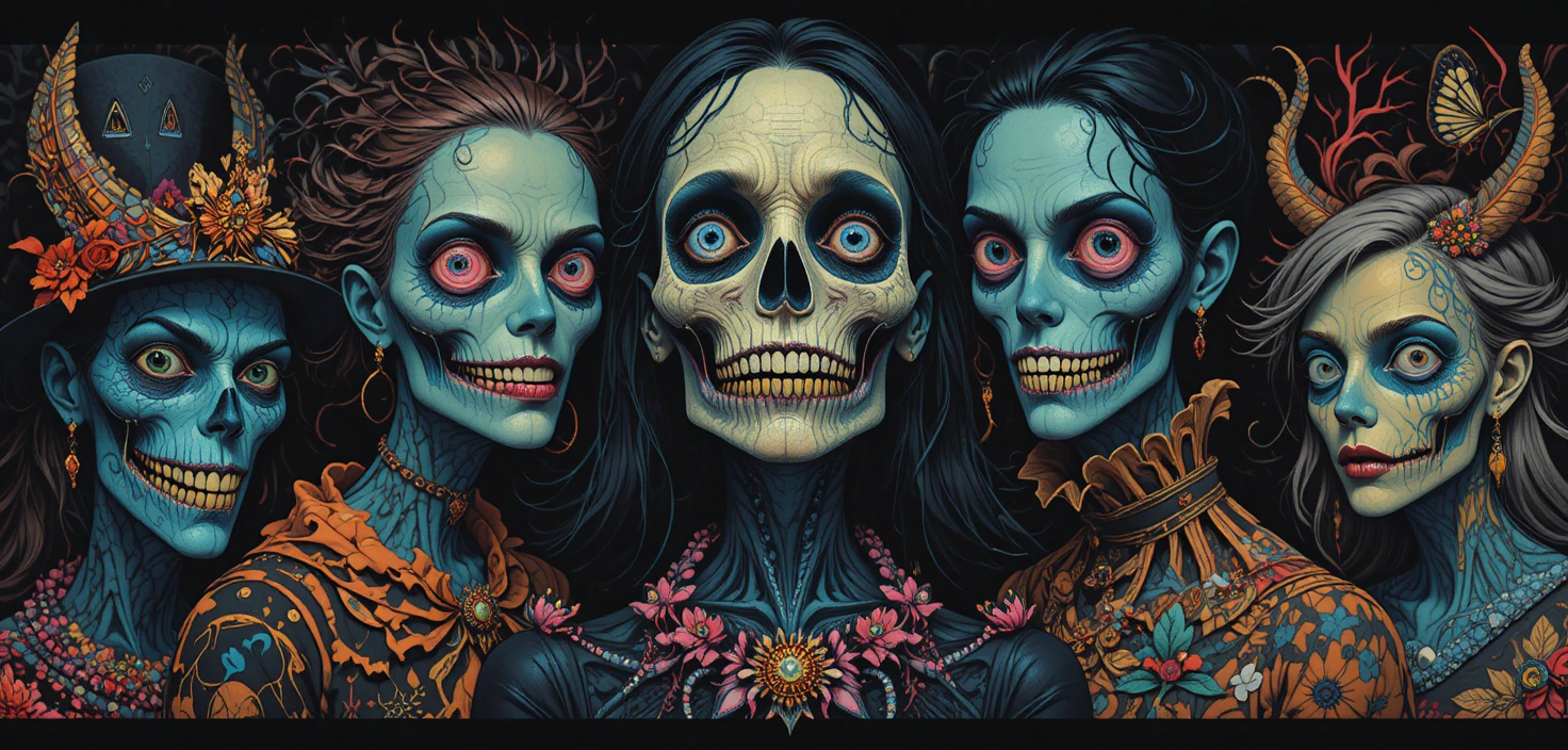 Colorful fantasy characters in a surreal enchanted landscape
