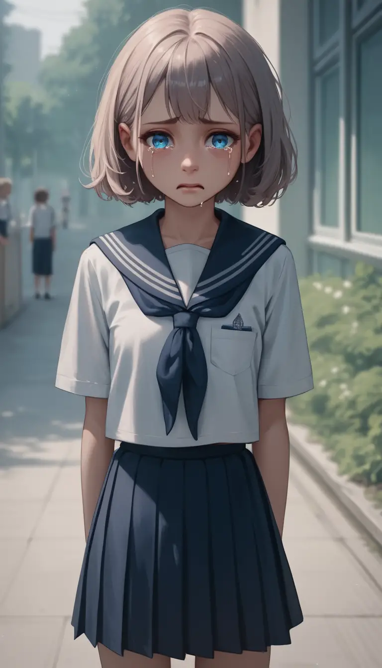 Sad anime schoolgirl standing alone in a classroom