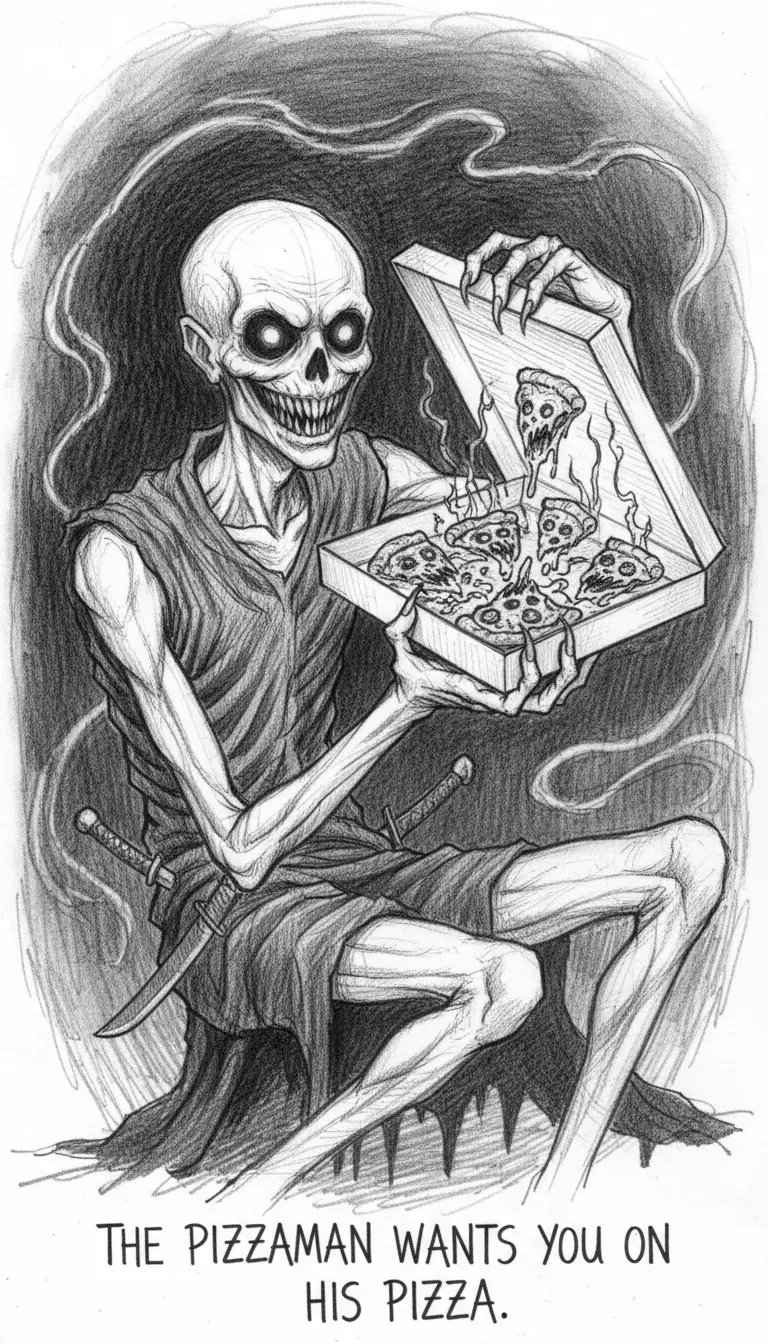 Decrepit skeletal pizzaman raising a sinister pizza box