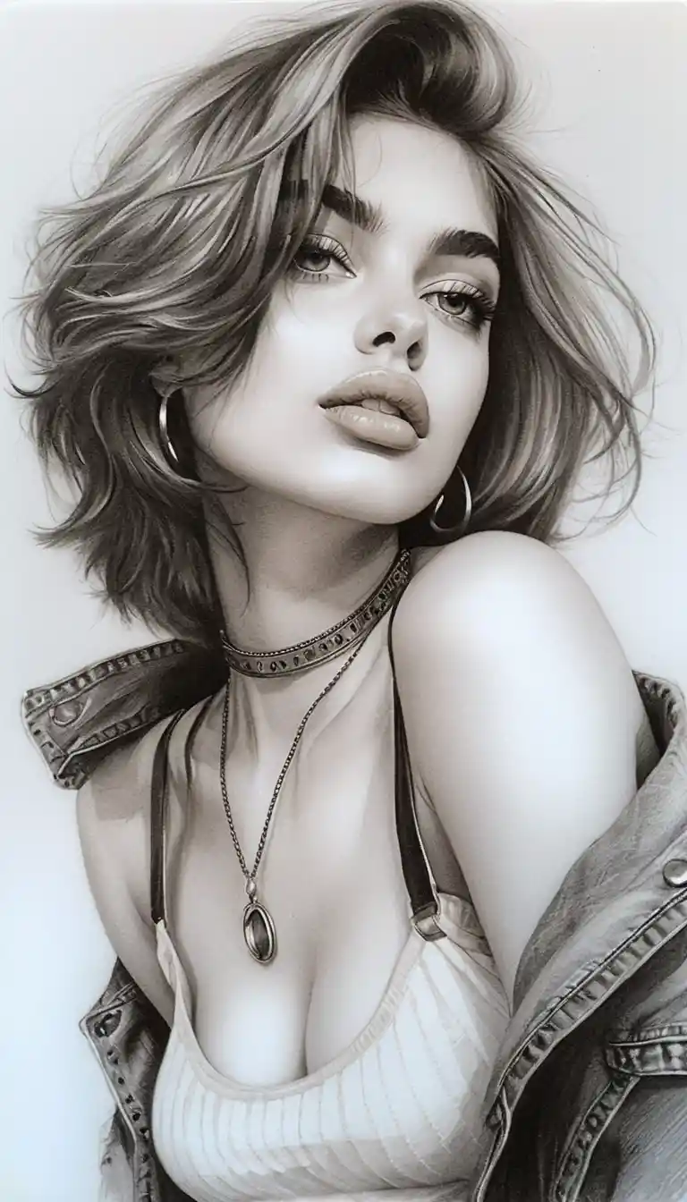Portrait sensuel en graphite d’une jeune femme en veste en jean