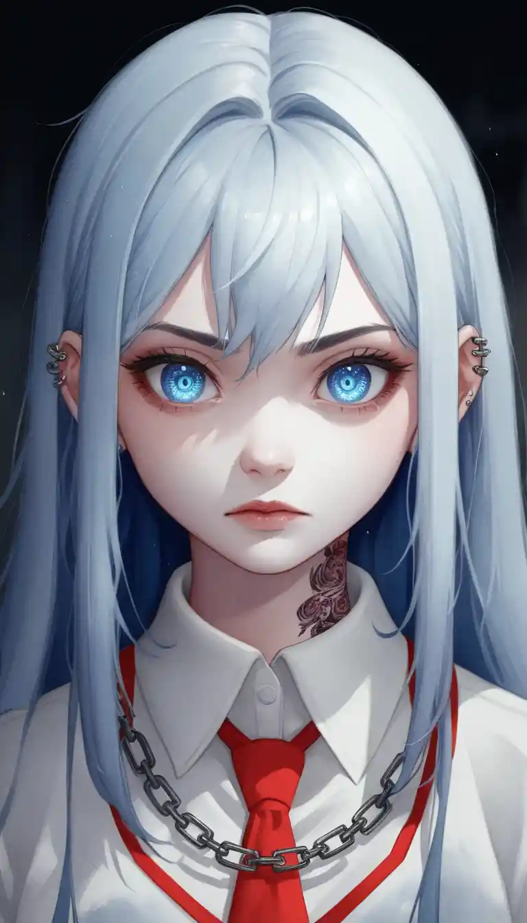 Close up of chained anime schoolgirl in public space