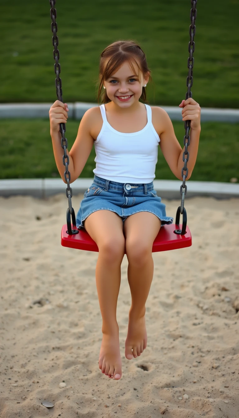 Young girl sitting barefoot on a swing at playground
