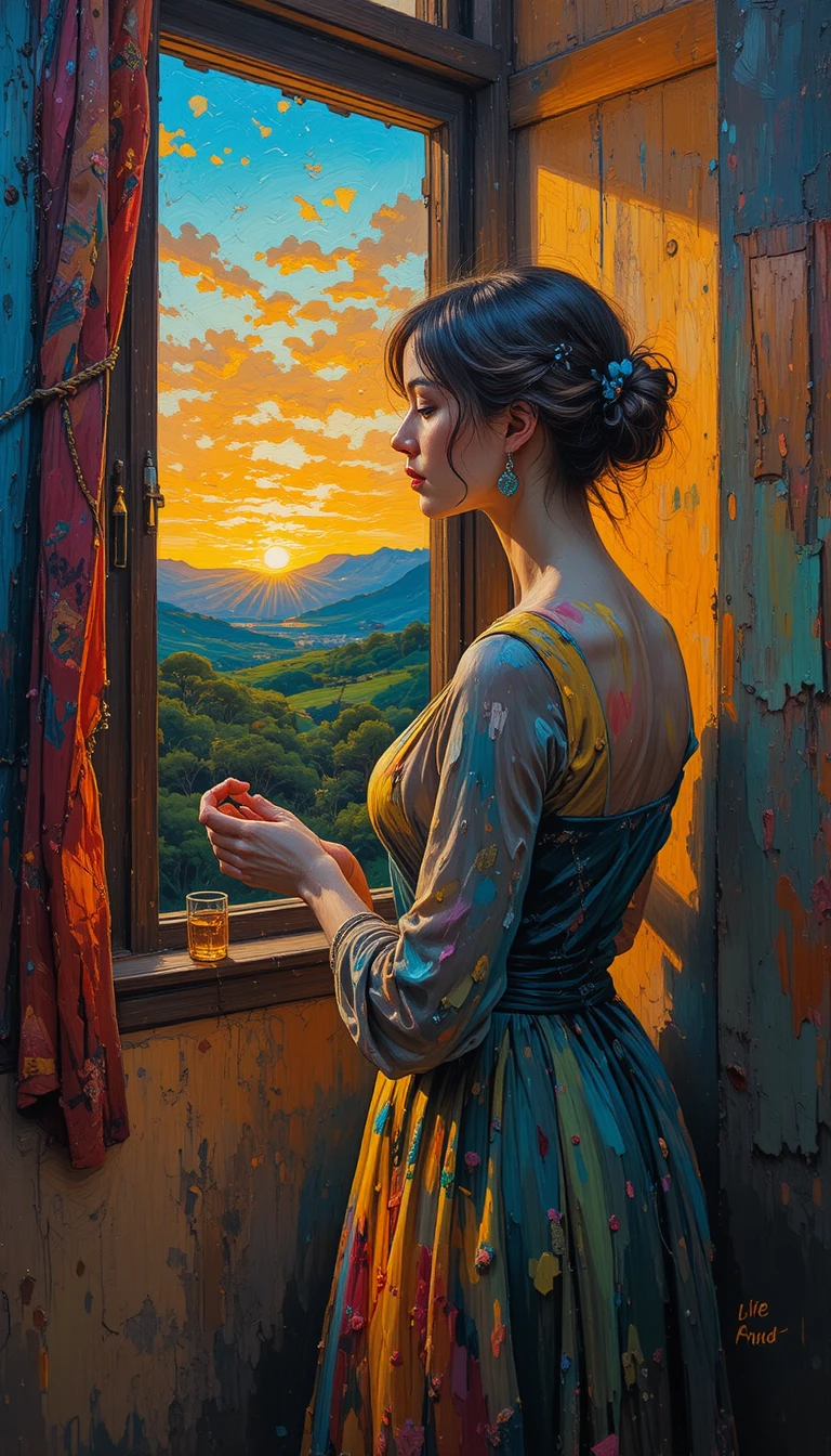 Woman sewing by a window in textured acrylic painting