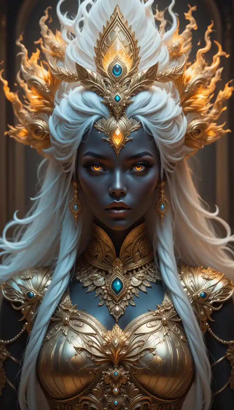 Three eyed obsidian skinned goddess with flaming white hair