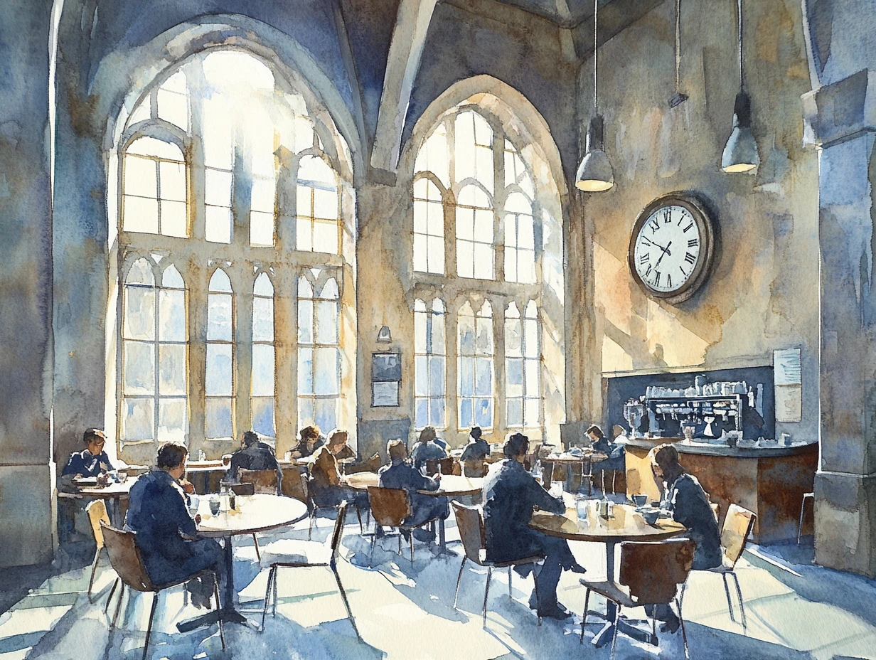 Watercolor cafe interior with people at small round tables