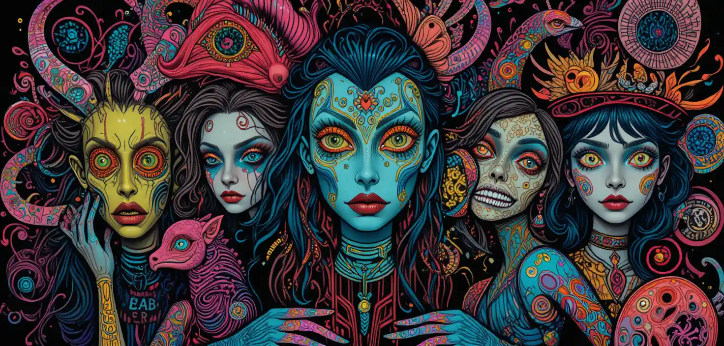 Colorful retro fantasy creatures with strange expressive faces