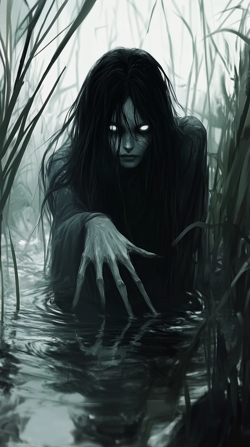 Ghostly woman rising from a foggy marsh at night