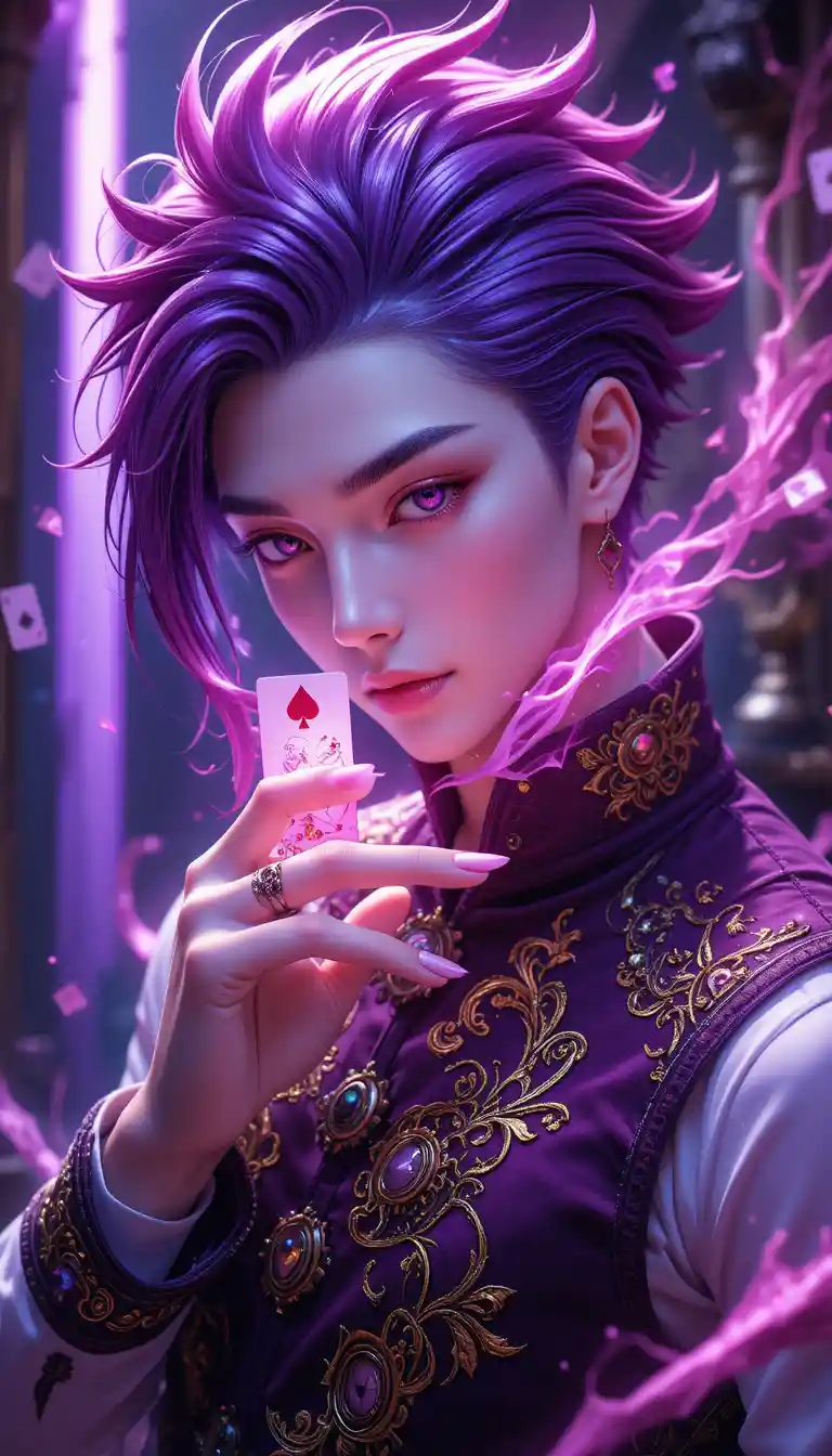 Magenta haired anime man with cards and glowing energy