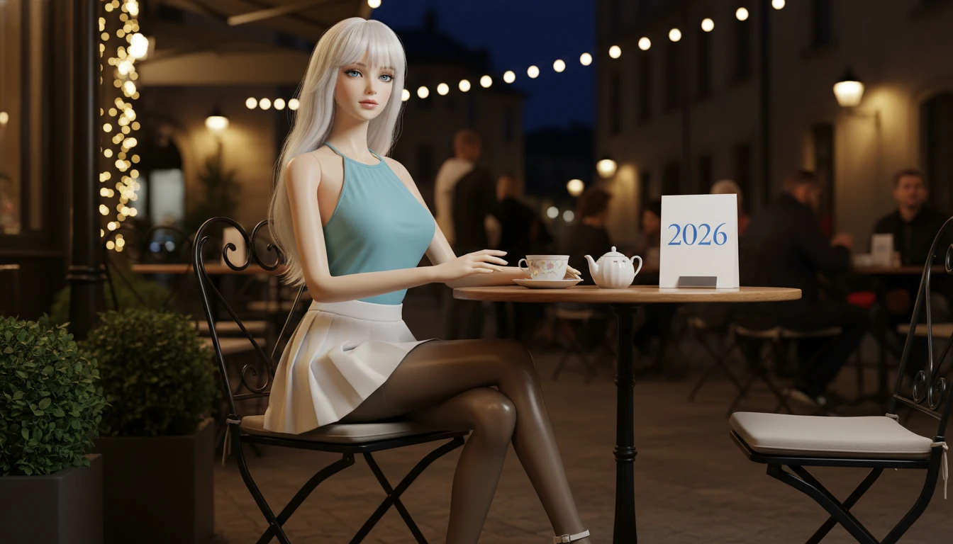 Plastic mannequin woman at outdoor cafe table at night